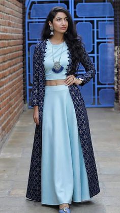 Beautiful Long Jacket with top and Plazo. labelrishmaan designer Indian Gown, Shrug For Dresses, Lehnga Dress, Indian Salwar Kameez, Long Kurti Designs, Indian Gowns Dresses, Indian Gowns, Skirt And Top, Designer Party Wear Dresses