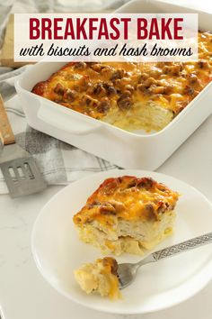 breakfast bake with biscuits and hash browns on a white plate next to a fork