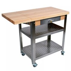 a kitchen island on wheels with a cutting board on the top and one drawer open