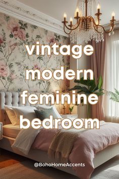 a bedroom with floral wallpaper and chandelier above the bed is featured in this ad