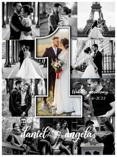 a wedding photo collage with the number 1 in black and white, including photos of bride and groom