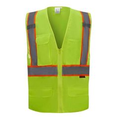 This deluxe safety vest is ANSI/ISEA 107-2015 Class 2 compliant. It is made of ultra soft mesh fabrics which offers comfort and great ventilations. It features high-quality reflective tapes with neon green contrast piping for better visibility. Dual Microphone Tabs. Front zipper closure and 4 outside pockets. The back imprint size is about 8" w x 10" h. Sizes range from Small to 6XL. Color: Safety Green Size: L. Workwear Vest With Functional Pockets, Utility Work Vest With Functional Pockets, Yellow Sleeveless Vest For Work, Mesh Fabrics, Safety Vest, Reflective Tape, Contrast Piping, Personal Protective Equipment, Pen Holder