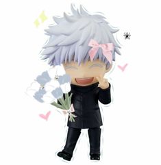 an anime character with white hair and pink bow tie holding flowers in his right hand