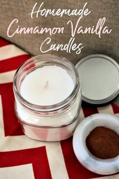 homemade cinnamon vanilla candles are sitting on a red and white tablecloth