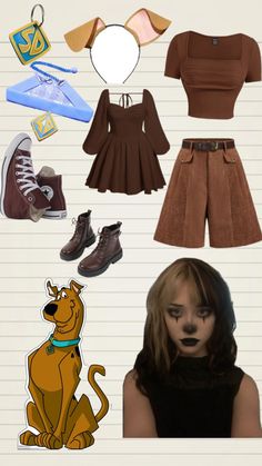 an image of a woman in brown outfit with shoes and other items on her head