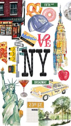 new york collage with the statue of liberty, apple, doughnuts, and other items