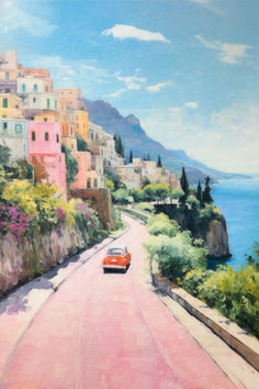 a painting of a car driving down a road next to the ocean with houses on either side