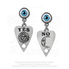 Apairofpewter,seanceplanchette,eardroppersengravedwith"Yes"ononesideand"No"ontheother,suspendedfromstudssetwithrealisticacryliceyes;surgicalsteelear-posts.FeaturesDiscoveringmysteriesontheothersideSpecificationsMaterial:Pewter,RealisticSmallTaxidermalEye&SurgicalSteelWeight:0.12lbs Mystic Eye, Ouija Planchette, Pewter Earrings, Ear Drop, Alchemy Gothic, Pewter Jewelry, Spirit Board, Alternative Jewelry, Ear Ring