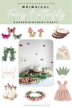 an advertisement for a fairy birthday party with lots of decorations and items on the table