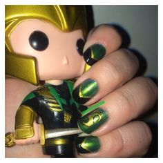 Burdened by Glorious Purpose and Fabulous Nails- Loki Nail Art Wicked... ❤ liked on Polyvore featuring loki Cosplay Nails, Loki Nails, Geek Nails, Movie Nails, Comic Nails, Avengers Nails, Marvel Nails, Glorious Purpose, Loki Cosplay