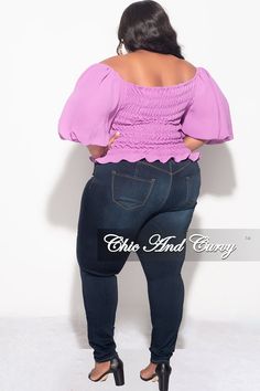 Polyester% 99 Spandex% 1 Model is wearing 1x Fitted Purple Smocked Top, Fitted Purple Top With Smocked Bodice, Purple Fitted Top With Smocked Bodice, Fitted Purple Top With Smocked Back, Plus Size Off The Shoulder Top, Plus Size Off The Shoulder, Chic And Curvy, Smocked Top, No Frills