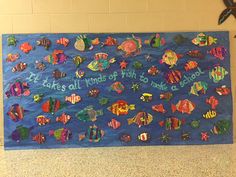 a bulletin board with fish on it in a school hallway or classroom room that is decorated