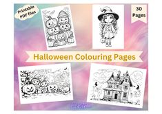 halloween coloring pages for children with pumpkins and witches on the front, in black and white