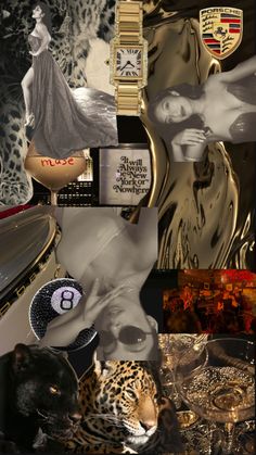 a collage of photos with different things in it including a woman and a leopard