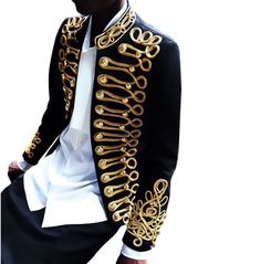 Men's Vintage Black Gold Embroidery Suit Jacket Royal Tuxedo, Enby Style, Prince Suit, Mens Bodysuit, Military Inspired Fashion, Punk Man, Men's Tuxedo, Retro Suits, Embroidery Suit