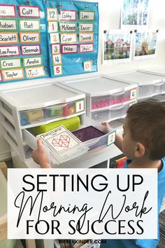 a young boy is playing with his morning work for success in the classroom and it's organized