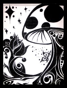 a black and white drawing of a vase with flowers on the bottom, stars in the background