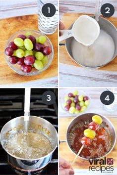 the steps to make grapes being cooked in a saucepan and then mixed with water