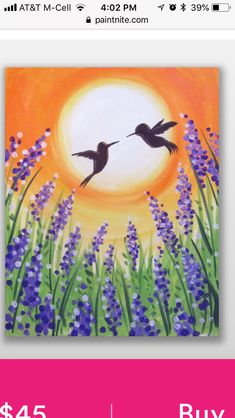 an image of two birds flying in the sky with purple flowers and sun behind them