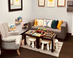 a living room filled with furniture and pictures on the wall