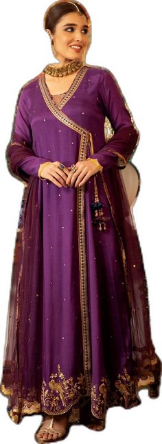 Zaaviay Rang Rasiya  2021 Eid Anarkali Set With Dabka Work In Nida, Eid Anarkali Set With Dabka Work In Nida Fabric, Purple Dabka Sets For Festive Occasions, Eid Long Sleeve Mulmul Salwar Kameez, Long Sleeve Nida Kurta With Dabka Work, Long Sleeve Nida Set With Dabka Detail, Eid Sharara With Dabka Detailing In Nida Fabric, Long Sleeve Cambric Sharara With Dabka Detailing, Anarkali Unstitched Suit With Dabka Work For Eid