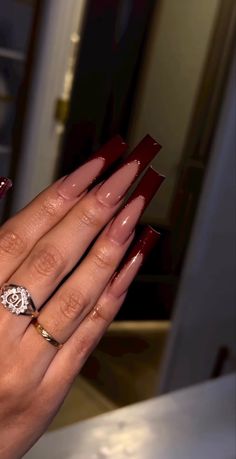 Cute Long Red Acrylic Nails, Red Gel Nails Long, Dark Red Long Nails, Long Dark Red Acrylic Nails, Dark Red Nails Long Square, Black Acrylic Nail Designs, Black Acrylic Nails, Hard Nails, Glow Nails