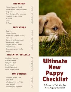 the ultimate puppy checklist for puppies is shown in this image, with an adorable puppy