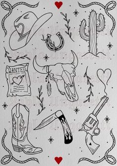 a drawing of cowboy related items on white paper with red hearts and stars in the background