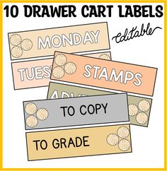 four different types of labels with the words monday, tuesday and to copy to grade