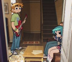 two cartoon characters are playing guitar in the living room