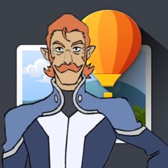 an animated man with a mustache standing in front of a hot air balloon