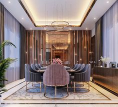 an elegant dining room with blue velvet chairs and a round table surrounded by tall planters