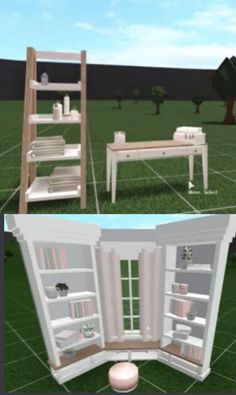 two different views of the same room in an open area, with furniture and bookshelves