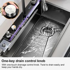 an image of a kitchen sink with drain control knobs on the side and one - key drain control knob