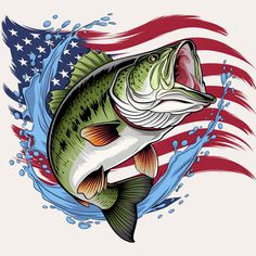 a fish jumping out of the water with an american flag background