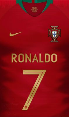 the nike ronaldo 7 jersey is shown in red and gold, with green trim