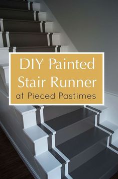 stairs painted in white and black with the words diy painted stair runner at pieced pastimes