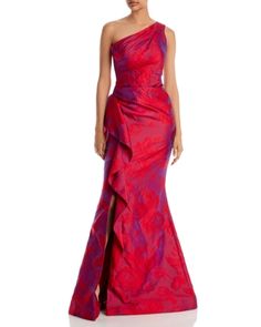 Teri Jon by Rickie Freeman One Shoulder Jacquard Gown Cocktail Dress Classy Evening, Red One Shoulder Dress, Jacquard Gown, Barbie Pink Dress, One Shoulder Cocktail Dress, Teri Jon, Long Cocktail Dress, One Shoulder Gown, Gowns Online