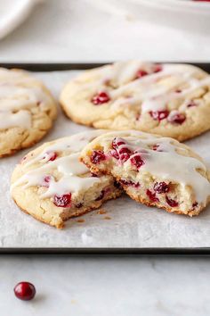 cranberry white chocolate chip cookies on a baking sheet