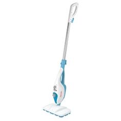 a blue and white steam mop on a white background