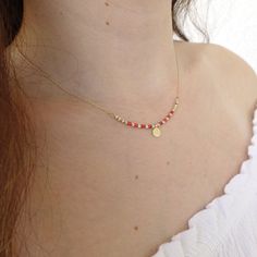 "\"Red Coral and Gold Beaded Necklace | Gold Coin in the Center | Tube Shaped Real Coral Natural Stone with Ball Gold Beads | 14k Solid Gold\" ∙ P R O D U C T I O N ∙ ‣ All of our products are handmade and made to order ‣ All of our items are 14K real gold. We do not carry any gold filled, gold plated, or gold vermeil items. Also there are no other metals used so all items are hypoallergenic. ‣ Raw materials are coming from historical gold and jewelry market of Istanbul Grand Bazaar. The Grand B Red Mangalsutra Designs, Small Coral Beads Gold Necklace Indian, Coral Necklace Indian Gold, Gold Beaded Necklaces With Red Coral Round Beads, Gold Beaded Necklaces With Red Coral, Red Coral Necklace With Gold Beads, Coral Beads Jewellery, Traditional Gold Necklaces With Red Coral, Gold Neck Chain