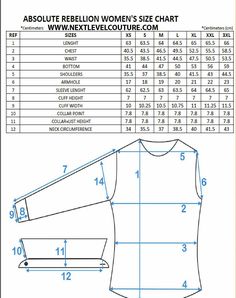 the size chart for a women's t - shirt, with measurements and measurements