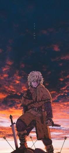 an anime character sitting on top of a rock with swords in his hand and the sky behind him