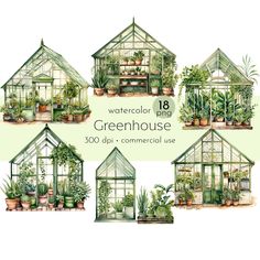 watercolor greenhouses with plants and potted plants