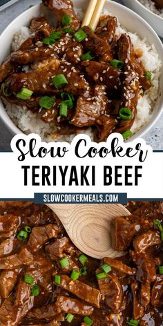 Teriyaki beef over a bowl of rice. Teriyaki Recipe, Slow Cooker Teriyaki, Teriyaki Beef, Slow Cooker Recipes Beef, Crockpot Recipes Beef, Idee Pasto, Homemade Sausage, Crockpot Beef, Crock Pot Slow Cooker