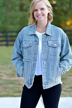 You shouldn't hesitate between stylishness and comfort! This medium wash denim jean jacket can be both! Let's not forget it's easy to style with anything. ABOUT THIS ITEM: Made in China. Fabric is 68% Cotton / 32% Viscose. Hand wash in cold water. Lay flat to dry. Fit is true to size. Model is 5'7, and wearing a small. Denim Button Down, Denim Jean Jacket, Denim Jean, Denim Wash, Jean Jacket, Lay Flat, Button Downs, Cold Water, Denim Jeans