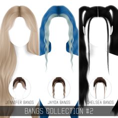 three different types of ponytails are shown in the image, one is blonde and one is blue