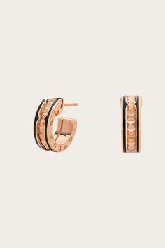 B.zero1 Rock 18 kt rose gold earrings with studded spiral and black ceramic inserts on the edges  $2,300.00 Earrings Bvlgari, Concept Jewelry, Ceramic Rose, Statement Drop Earrings, Hammered Gold, Large Hoop Earrings