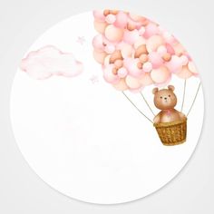 a teddy bear flying in a basket with balloons