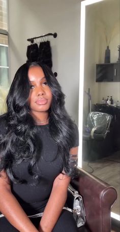 Layered Traditional Sew In, 30 Inch Bust Down Wig, Leave Out Sew In Weave Curly, Middle Part Sew In Black Women, Jet Black Sew In Weave Middle Part, Middle Part No Baby Hairs, Middle Part Pronto, Curled Sew In, Hybrid Sew In